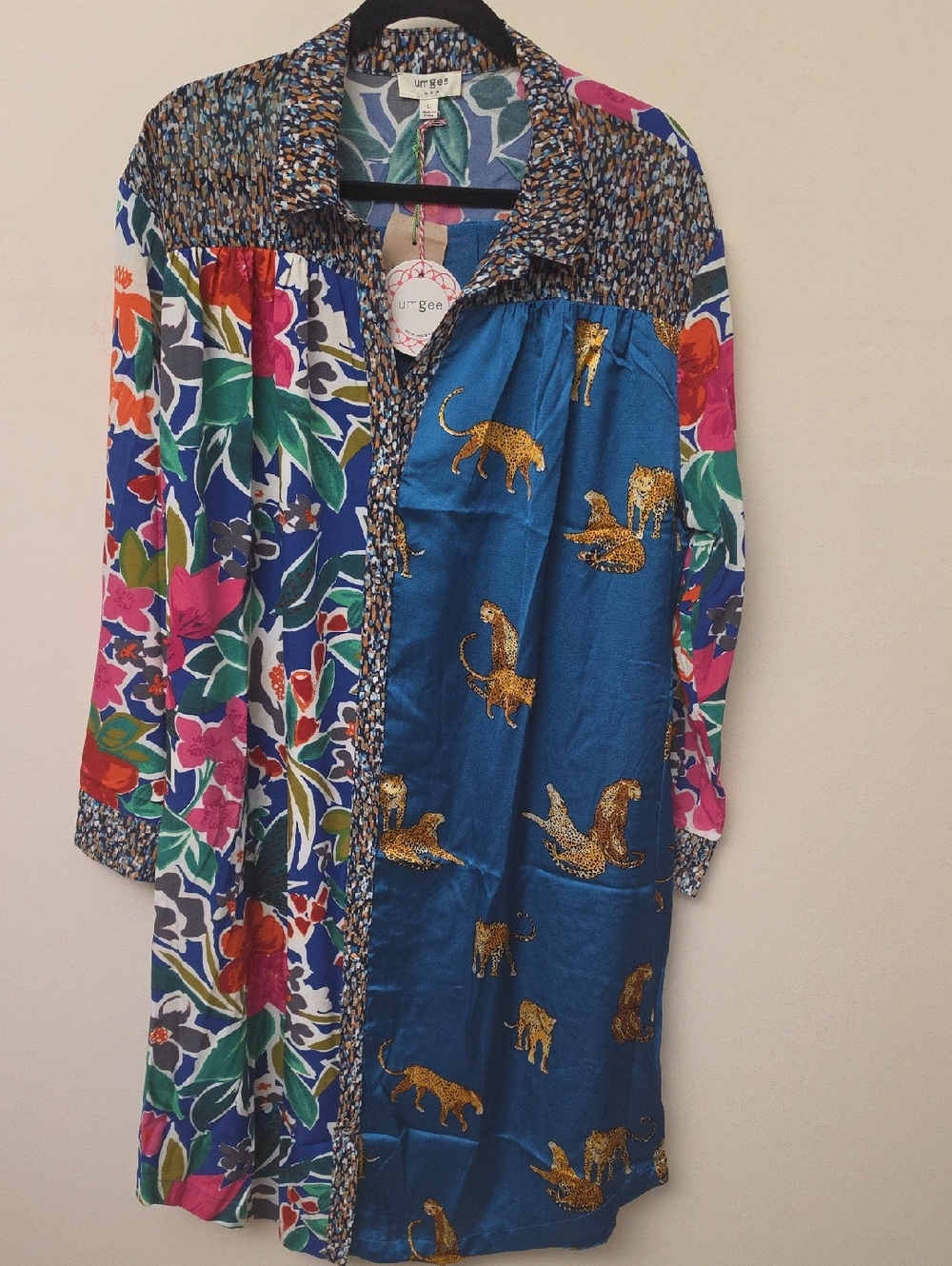 Umgee Tropical Floral Leopard Patchwork Boho Midi Dress SZ L | Silky Lightweight - Picture 2 of 8